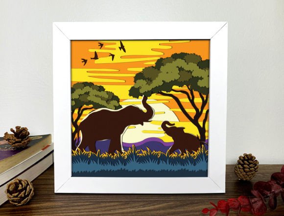 African Elephants Shadow Box 3D SVG: A Unique Design Asset for Creative Brands