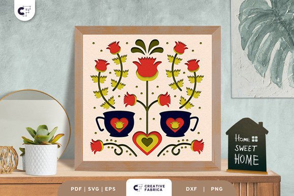 Floral Cup Folk Art 3D Shadow Box SVG: A Unique Design Asset for Ornaments