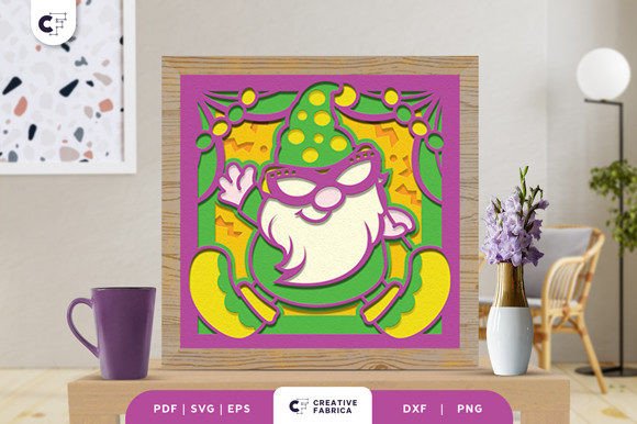 Mardi Gras Gnome 3D Shadow Box Papercut: A Festive Graphic Design Asset